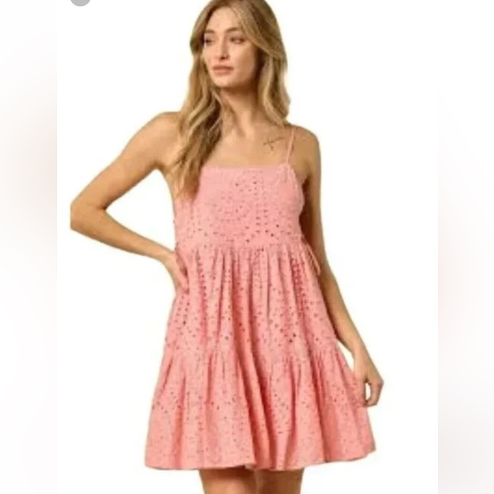 Wisteria Lane Ava Eyelet Mini Dress Coral Pink Small - Picture 16 of 16
